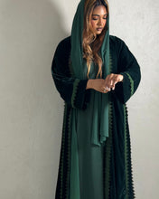 Load image into Gallery viewer, Three-Piece Velvet Set: Lace Abaya, Inner Dress & Hijab (Noir or Emerald)