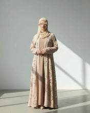 Load image into Gallery viewer, Three-Piece Set: Laser Cut Floral Creponé Abaya, Inner Dress and Hijab (Almond Beige)