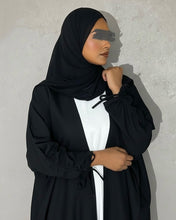 Load image into Gallery viewer, Ramadan Three-Piece Italian Linen Blend Set: Bow-Tied Sleeve Abaya, Inner Dress & Hijab (Black)
