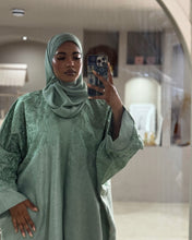 Load image into Gallery viewer, Three-Piece Calligraphy Set: Indian Linen Abaya, Inner Dress & Hijab (Mint)