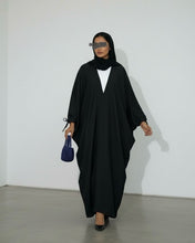 Load image into Gallery viewer, Ramadan Three-Piece Italian Linen Blend Set: Bow-Tied Sleeve Abaya, Inner Dress & Hijab (Black)