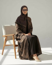 Load image into Gallery viewer, Three-Piece Set: Flowery Patterned Abaya, Inner Dress & Hijab (Mocha Taupe)