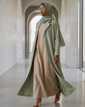 Load image into Gallery viewer, Three-Piece Blazer Set: Collared Abaya, Inner Dress & Hijab (Sage Green)