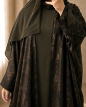 Load image into Gallery viewer, Three-Piece Patterned Abaya Set: Abaya with Tulip Sleeves, Inner Dress & Hijab (Dark Khaki)