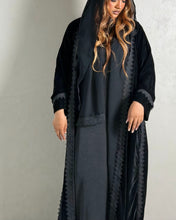 Load image into Gallery viewer, Three-Piece Velvet Set: Lace Abaya, Inner Dress & Hijab (Noir)