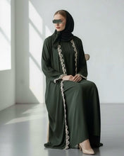 Load image into Gallery viewer, Three-Piece Set: Embroidered Lace Abaya, Inner Dress & Hijab (Deep Olive)