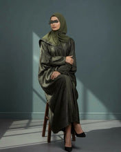 Load image into Gallery viewer, Eid Three-Piece Silk Jacquard Set: Cherry Tree Patterned Abaya, Inner Dress & Hijab (Olive)