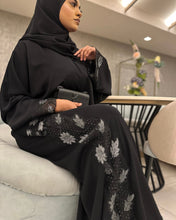 Load image into Gallery viewer, Eid special abaya featuring shimmering silver lace accents and modest fit