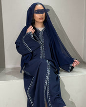 Load image into Gallery viewer, Elegant navy abaya made from linen blend with delicate embroidery design