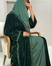 Load image into Gallery viewer, Three-Piece Velvet Set: Lace Abaya, Inner Dress & Hijab (Noir or Emerald)