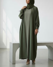 Load image into Gallery viewer, Ramadan Three-Piece Italian Linen Blend Set: Bow-Tied Sleeve Abaya, Inner Dress & Hijab (Olive)