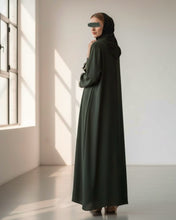 Load image into Gallery viewer, Three-Piece Set: Embroidered Lace Abaya, Inner Dress & Hijab (Deep Olive)