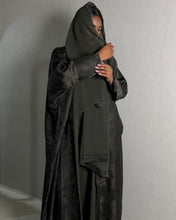 Load image into Gallery viewer, Three-Piece Patterned Abaya Set: Abaya with Tulip Sleeves, Inner Dress & Hijab (Dark Khaki)
