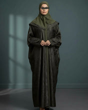 Load image into Gallery viewer, Eid Three-Piece Silk Jacquard Set: Cherry Tree Patterned Abaya, Inner Dress & Hijab (Olive)