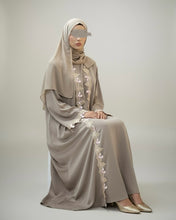 Load image into Gallery viewer, Three-Piece Set: Embroidered Lace Abaya, Inner Dress & Hijab (Taupe Sand)