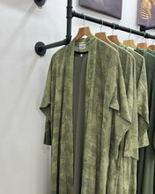 Load image into Gallery viewer, Three-Piece Indian Linen Set: Patterned Abaya in Cloche-Cut, Inner Dress & Hijab (Olive Serenity)