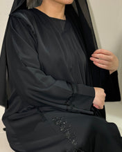 Load image into Gallery viewer, Full-length image of embellished Eid abaya with frayed hem and elegant flow