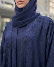Load image into Gallery viewer, Three-Piece Textured Abaya Set: Laser Cut Abaya, Inner Dress & Hijab (Navy)