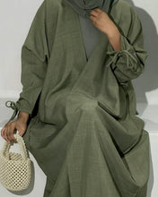 Load image into Gallery viewer, Ramadan Three-Piece Italian Linen Blend Set: Bow-Tied Sleeve Abaya, Inner Dress & Hijab (Olive)