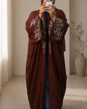 Load image into Gallery viewer, Brown Pure Linen Butterfly Open Abaya with Embroidered Detail | Matching Hijab Included (No Inner Dress)