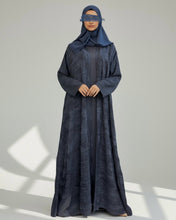 Load image into Gallery viewer, Eid Three-Piece Indian Linen Set: Patterned Abaya in Cloche-Cut, Inner Dress & Hijab (Midnight Blue)
