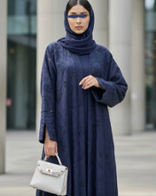 Load image into Gallery viewer, Three-Piece Textured Abaya Set: Laser Cut Abaya, Inner Dress & Hijab (Navy)