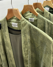 Load image into Gallery viewer, Three-Piece Indian Linen Set: Patterned Abaya in Cloche-Cut, Inner Dress & Hijab (Olive Serenity)