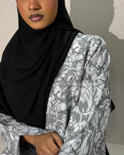 Load image into Gallery viewer, Full-length view of jacquard patterned abaya in cloche cut style