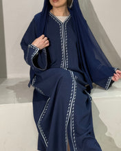 Load image into Gallery viewer, Elegant navy abaya with open split sleeve design and refined embroidery finish