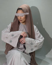 Load image into Gallery viewer, Front view of nude pink linen abaya with handmade embellishments on sleeves