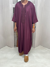 Load image into Gallery viewer, Side profile showcasing the elegant cut of burgundy thobe