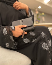 Load image into Gallery viewer, Front view of elegant silver lace abaya designed for Eid celebrations