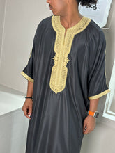 Load image into Gallery viewer, Gold sleeve embroidery on premium black Moroccan thobe