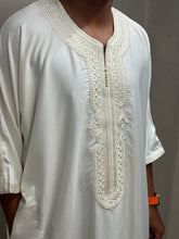 Load image into Gallery viewer, Detailed sleeve embroidery on premium Moroccan thobe in off white