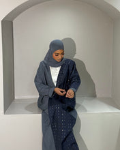 Load image into Gallery viewer, Bluish grey linen abaya with traditional side embroidery