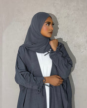 Load image into Gallery viewer, Front view of Blue Stone Linen Abaya Set with bow-tied sleeves