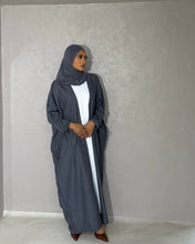 Load image into Gallery viewer, Matching hijab included in Blue Stone Linen Abaya Set