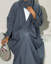 Load image into Gallery viewer, Side view of breathable Italian Linen Abaya Set in Blue Stone