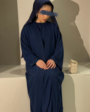 Load image into Gallery viewer, Texture detail of buttery soft patterned fabric in navy abaya