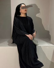 Load image into Gallery viewer, Three-piece black butterfly abaya set with inner dress and scarf