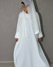 Load image into Gallery viewer, Close-up of elegant tulip sleeves on White A-Line Abaya