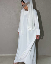 Load image into Gallery viewer, Buttery soft Nidha fabric used in White A-Line Abaya