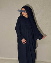 Load image into Gallery viewer, Navy abaya fabric close-up showing zigzag pattern texture