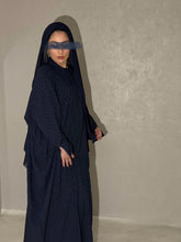 Load image into Gallery viewer,  Back view of navy butterfly abaya showcasing flowing cut