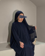 Load image into Gallery viewer, Model wearing navy zigzag butterfly abaya set in full look