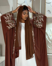 Load image into Gallery viewer, Pure Linen Butterfly Open Abaya with Two-Tone Floral Embroidery (No inner dress)
