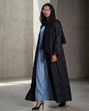 Load image into Gallery viewer, Three-Piece Textured Abaya Set: Satin Jacquard Abaya, Jeans Blue Inner Dress &amp; Hijab (Navy)
