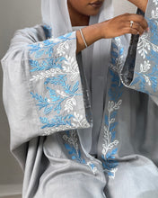 Load image into Gallery viewer, Pure Linen Butterfly Open Abaya with Two-Tone Floral Embroidery (No inner dress)
