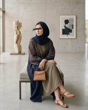 Load image into Gallery viewer, Three-Piece Calligraphy Set: Indian Linen Blend Abaya, Inner Dress &amp; Hijab (Dark Navy)
