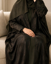 Load image into Gallery viewer, Three-Piece Patterned Abaya Set: Abaya with Tulip Sleeves, Inner Dress &amp; Hijab (Dark Khaki)
